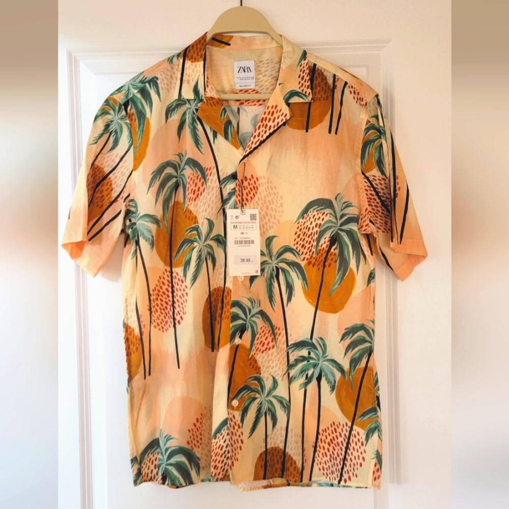 Zara Men's Regular Fit Short Sleeve Tropical Sunset Button Up Shirt Size Medium
